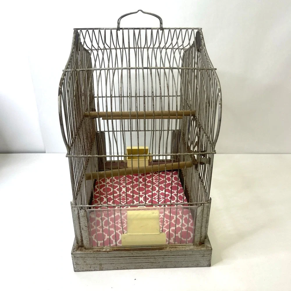 Vintage CROWN Wire Bird Cage w Original Feeder Trays &‎ Slide Tray Hang Hook